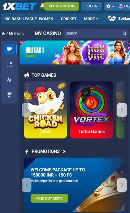 1xBet mobile casino live games slots and roulette app interface