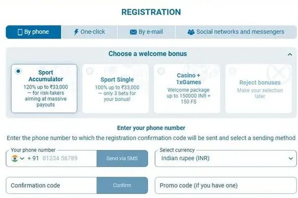 1xBet registration process step by step signup form 2026