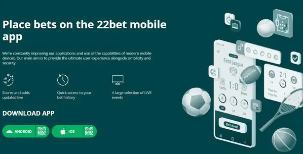 22Bet mobile app download page for Android APK file