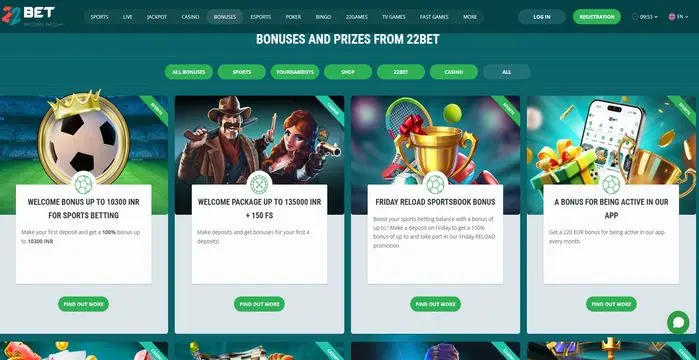 Overview of 22Bet bonuses and promo section inside user account