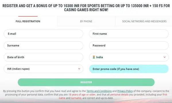 22Bet registration form and account signup process