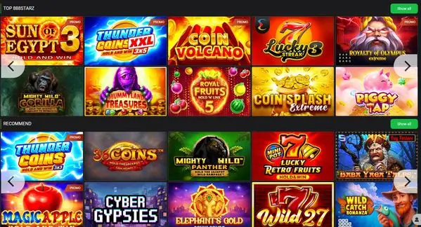 888starz casino section with slots and provably fair games