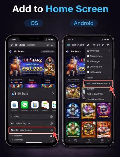 Adding BitStarz to home screen on iOS and Android devices
