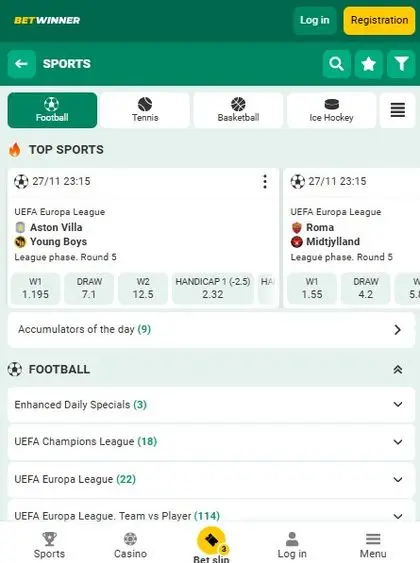 Betwinner football markets with extensive options including cards corners and player props