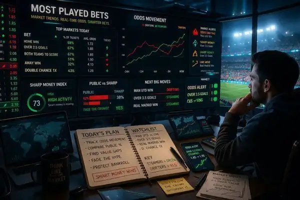 Football analyst tracking odds movement public money vs sharp money and global betting trends on screen