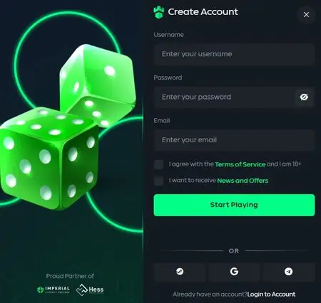 Registration pop-up window with instant Google Steam and MetaMask one-click login buttons