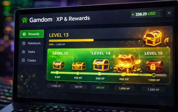Gamdom XP level progress and reward track system on dashboard