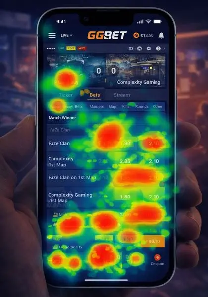 Touch interaction heatmap showing user taps during live betting on mobile interface