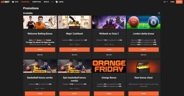 GGbet reward system dashboard showing active esports bonuses and missions