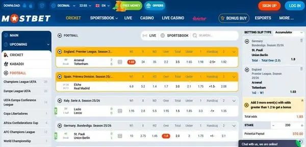 Mostbet sportsbook showing multiple betting markets and football events simultaneously