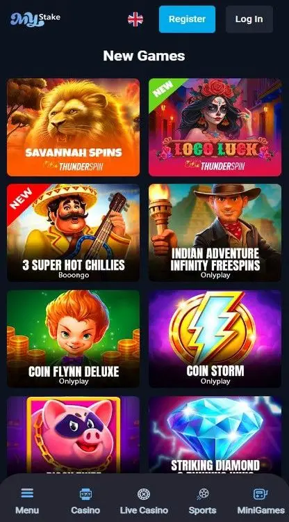 MyStake mobile casino games including slots and live dealer tables