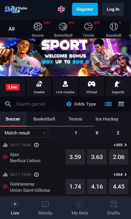 MyStake mobile sportsbook with live betting interface and odds