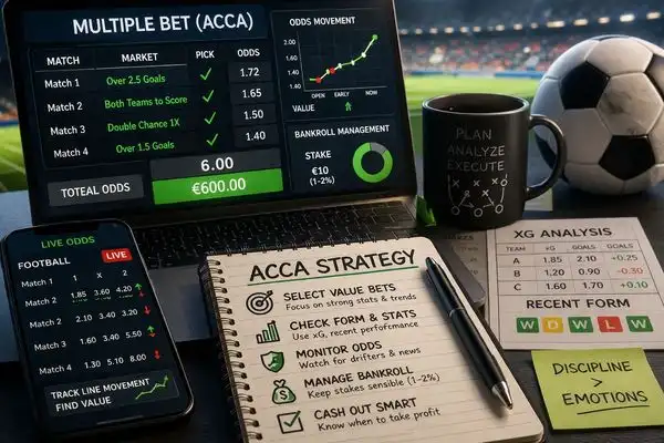 Smart multiple bet strategy with acca selection analysis, odds movement and bankroll discipline