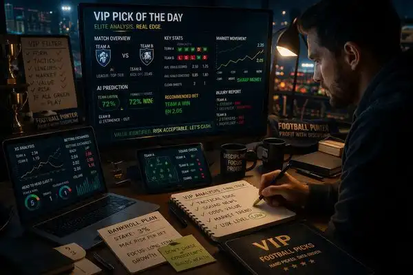 Professional tipster analyzing football form lineups and odds movement for a VIP value bet
