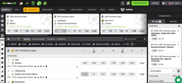 Winwin sportsbook showing football markets and betting odds