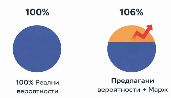 Пример за марж при букмейкър и как вероятностите надхвърлят 100 процента