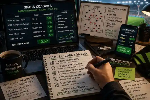 Футболна права колонка с подбрани мачове, анализ на коефициенти и балансиран риск при комбинирани залози