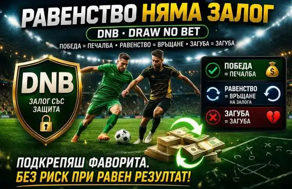 Инфографика за залог Равенство няма залог (Draw No Bet) с обяснение на правилата при победа, равенство и загуба