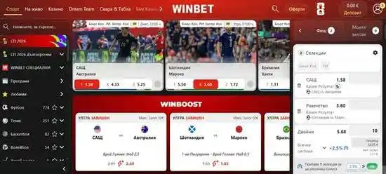 Начален изглед на спортните пазари в Winbet с активни събития и коефициенти